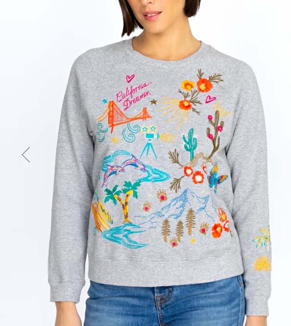 Johnny Was California Dreamin Raglan Sweatshirt Grey Embroidered Boho Pullover L